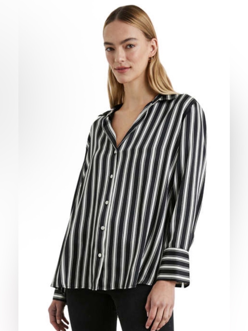 Rails Ledger Melrose Stripe 100% Silk Button Down Blouse XL Black White